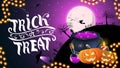 Trick or treat, creative greeting postcard with witch`s cauldron with potion.