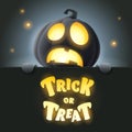 Trick or Treat. 3D illustration of cute glowing Jack O Lantern black pumpkin character with big greeting signboard on black
