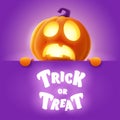 Trick or Treat. 3D illustration of cute glowing Jack O Lantern orange pumpkin character with big greeting signboard on purple