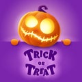 Trick or Treat. 3D illustration of cute glowing Jack O Lantern orange pumpkin character with big greeting signboard on purple