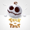 Trick or Treat. 3D illustration of cute Jack O Lantern white pumpkin character with big greeting signboard on white background