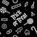 Trick or treat. Different candies, sweets and cakes - seamless pattern. Icons and pictograms for Halloween. Isolated.