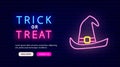 Trick or treat flyer. Neon witch hat icon. Happy Halloween concept. Night bright signboard. Isolated vector illustration Royalty Free Stock Photo