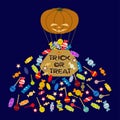 Trick or treat Halloween candies in pumpkin balloon. Sweet treats for children. Vector