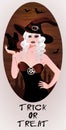 Trick or Treat Halloween card Blonde witch and bat