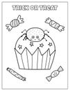 Trick or treat Halloween coloring page with cute spider on cupcake Royalty Free Stock Photo