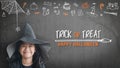 Trick or treat halloween girl kid having fun in witch hat black costume with funny doodle of spider web, jack o lantern and party Royalty Free Stock Photo