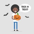 Trick or treat, Halloween illustration. Young black girl holding