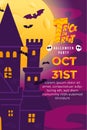 Trick Or Treat Halloween Party with Big Castle, flying bat and full moon at night. can use for poster, flyer, web design, Royalty Free Stock Photo