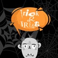 Trick or treat halloween party cartoon poster. Orange modern speech bubble with text and zombie head. Spiderweb black background. Royalty Free Stock Photo