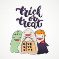 Trick or treat - Halloween party hand drawn lettering and sketch card with children dressed in a vampire costume, ghosts Royalty Free Stock Photo