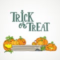 Trick or treat - Halloween party hand drawn lettering and sketch with cute pumpkins on the porch. Fun colorful greeting Royalty Free Stock Photo