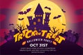 Trick or Treat Halloween Party Poster. with Castle, flying bat, spooky Forest and Big full moon at night. can use for Poster, Royalty Free Stock Photo