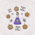 Trick or Treat Halloween Vector Background or Card Template. Hand Drawn Poison Bottle and Pumpkins with Spider Sketch