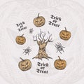 Trick or Treat Halloween Vector Background or Card Template. Hand Drawn Spooky Tree and Pumpkins with Spider Sketch and