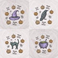 Trick or Treat Halloween Vector Background or Card Templates Set. Hand Drawn Raven, Pumpkins, Cat, Witch Hat and