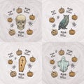 Trick or Treat Halloween Vector Background or Card Templates Set. Hand Drawn Scull, Pumpkins, Owl, Coffin and Ghost