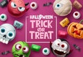 Trick or treat halloween vector background design. Halloween trick or treat text in pink space with cute, scary and spooky mascot Royalty Free Stock Photo