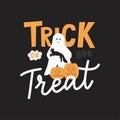 Trick or treat hand drawn card with cute ghost holding a black cat, pumpkins vector illustration Royalty Free Stock Photo