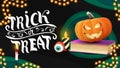 Trick or treat, horizontal dark card with spell book and pumpkin Jack