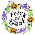 Trick or treat-lettering in round frame of holiday design characters, icons. Festive Halloween border, title for guising Royalty Free Stock Photo