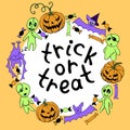 Trick or treat-lettering in round frame of holiday design characters, icons. Festive Halloween border, title Royalty Free Stock Photo