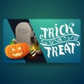 Trick or treat, modern green banner with tombstone and pumpkin Jack