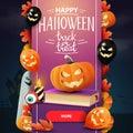 Happy Halloween, trick or treat, modern square greeting postcard with spell book and pumpkin Jack.