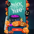 Trick or treat, modern square greeting postcard with witch`s cauldron and pumpkin Jack.