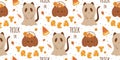 Trick or Treat pattern. Sweet Halloween candies seamless pattern. Loli pop, pumpkin trick or treat bag, ghost cat. Sweet