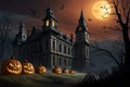 Trick or Treat: A Spooky Halloween Party Border with a Haunted Mansion Looming in the Background with Generative AI