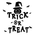 Trick and treat text Halloween and pumpkin put witch hat with bat on background.