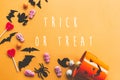 Trick or treat text, Happy Halloween.  Halloween candy, skulls, black bats and ghost paper decorations scattered from evil bucket Royalty Free Stock Photo