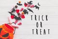 Trick or treat text, happy Halloween sign. Halloween candy spilled from jack o lantern bucket with skulls, black bats, ghost, Royalty Free Stock Photo