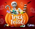Trick or treat vector design. Trick or treat halloween pumpkin basket with sweets and scary candies.