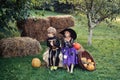 Trick-or-treating. Happy Halloween Cute children daughter and son making funny faces with a pumpkin. Halloween Scene Royalty Free Stock Photo