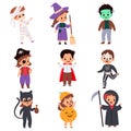 Trick or treating kids. Cartoon boys and girls in festival costumes. Halloween outfits. Isolated skeleton and pirate