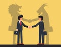 Trickery or Betrayal. Business Partners Male Characters with Shadows of Wolf and Sheep behind of them Shaking Hands