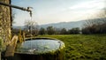 A trickle of water falls into a old round tub of mossy stone. Royalty Free Stock Photo