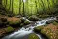 A trickling stream winds its way through the serene woodland, its gentle babbling accompanied by the soothing sounds of