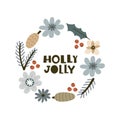 holly jolly. Cartoon christmas frame, hand drawing letterin. holiday theme.