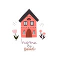Home is soul. cartoon house, flower, hand drawing lettering, decor elements. colorful illustration for kids, flat style. Royalty Free Stock Photo