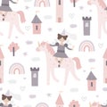 Seamless pattern with cartoon princess, decorative elements. Flat style colorful vector illustration for kids. hand drawing. Royalty Free Stock Photo