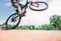 Tricks on the bike. young man jumps on a mountain bike. Cycling Sports Concept Royalty Free Stock Photo