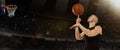 Young professional basketball player spin thr ball on finger at basketball court with people fans. Photoreal 3d render