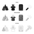 Tricks, music and other accessories at the party.Party and partits set collection icons in black,monochrome,outline