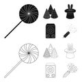 Tricks, music and other accessories at the party.Party and partits set collection icons in black,outline style vector