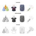 Tricks, music and other accessories at the party.Party and partits set collection icons in cartoon,outline,monochrome