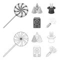 Tricks, music and other accessories at the party.Party and partits set collection icons in outline,monochrome style