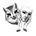 Trickster vector illustration. Fox with mask in his hands. black and white tattoo. Liar, dodger, mischievous, hoaxer. archetype in